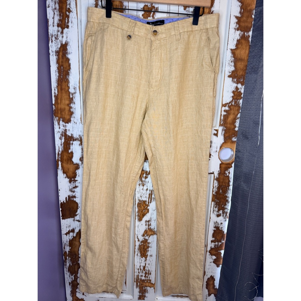 Parx Slim Authentic Casual Men 34 Yellow Beige Windowpane Linen Blend Pants